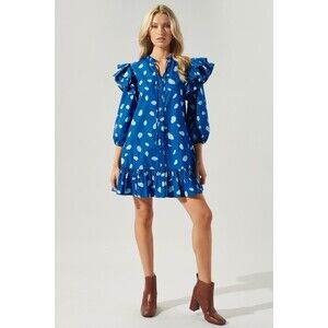 Sugarlips Odessa Dot Sammy Ruffle Drop Waist Dress 100% Cotton Blue White Sz XL